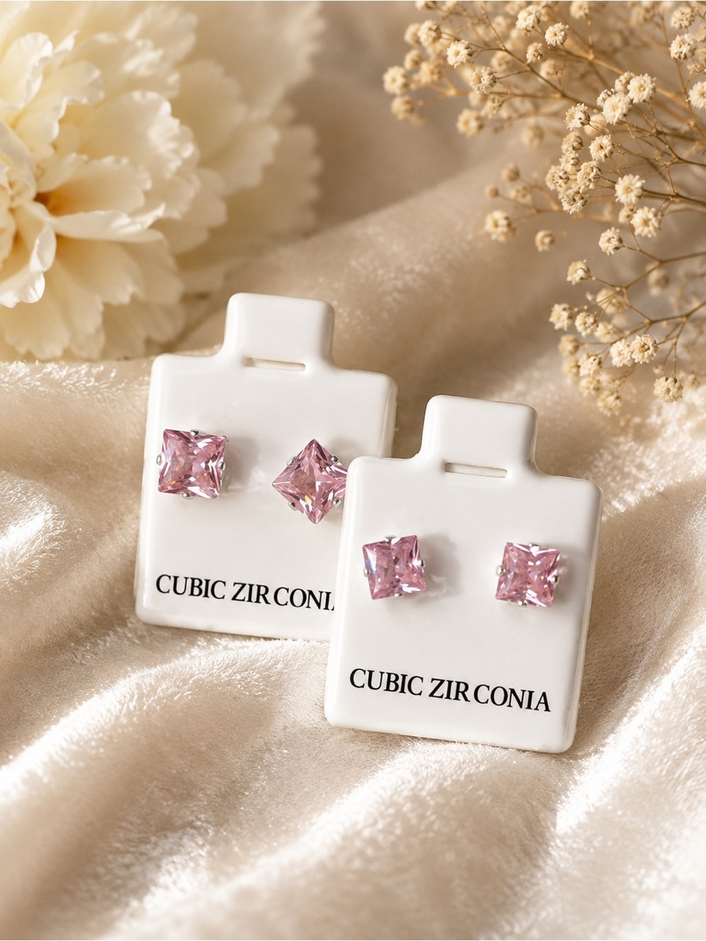 Cubic Zirconia Pink Square Stud Earrings Set (2 Pairs)